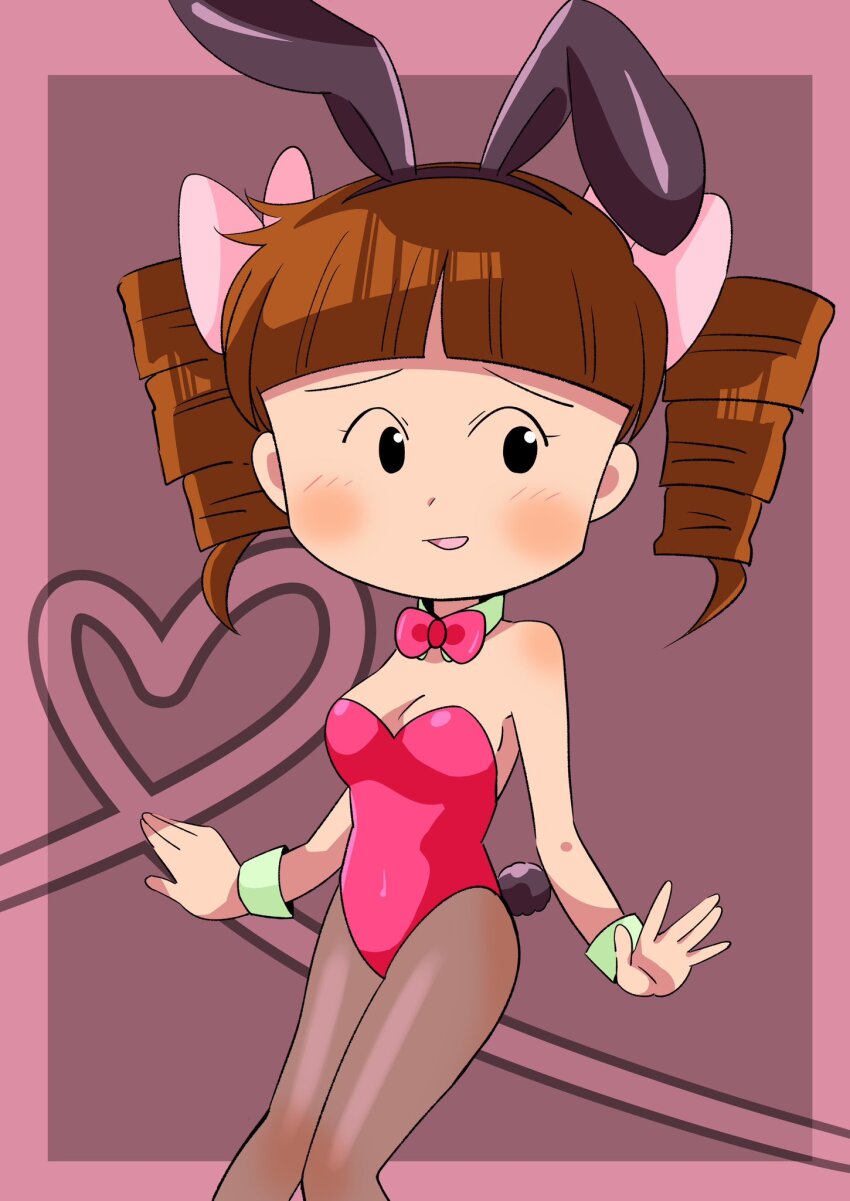 1girl :d animal_ears black_eyes blunt_bangs blush bow bowtie breasts brown_hair brown_pantyhose chibi_maruko-chan choker drill_hair female_focus furrowed_brow groin hair_bow hair_ornament hair_ribbon hairband highres ichika_(sak4869) jougasaki_himeko legs legs_together leotard long_hair multiple_hair_bows neck_ribbon no_sclera open_mouth pantyhose pink_bow playboy_bunny rabbit_ears rabbit_hair_ornament rabbit_tail ribbon sleeveless small_breasts smile smirk solo tail thighs twin_drills twintails