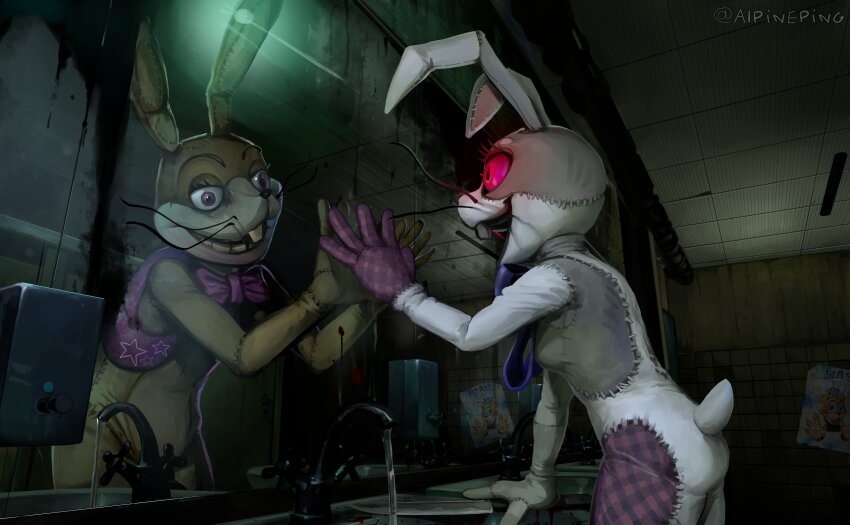 1boy 1girl :d absurdres alpineping animal_costume animal_ears artist_name bathroom blue_bow blue_bowtie bow bowtie buck_teeth ceiling commentary counter different_reflection english_commentary eyelashes fake_animal_ears fake_tail faucet five_nights_at_freddy&#039;s five_nights_at_freddy&#039;s:_security_breach glamrock_freddy glitchtrap hand_up hands_up highres holding holding_knife indoors knife mirror open_mouth patchwork_clothes poster_(object) purple_bow purple_bowtie purple_eyes rabbit_costume rabbit_ears rabbit_tail red_eyes reflection sink smile soap_dispenser standing tail teeth tile_ceiling tile_wall tiles twitter_username upper_teeth_only vanny_(fnaf) water