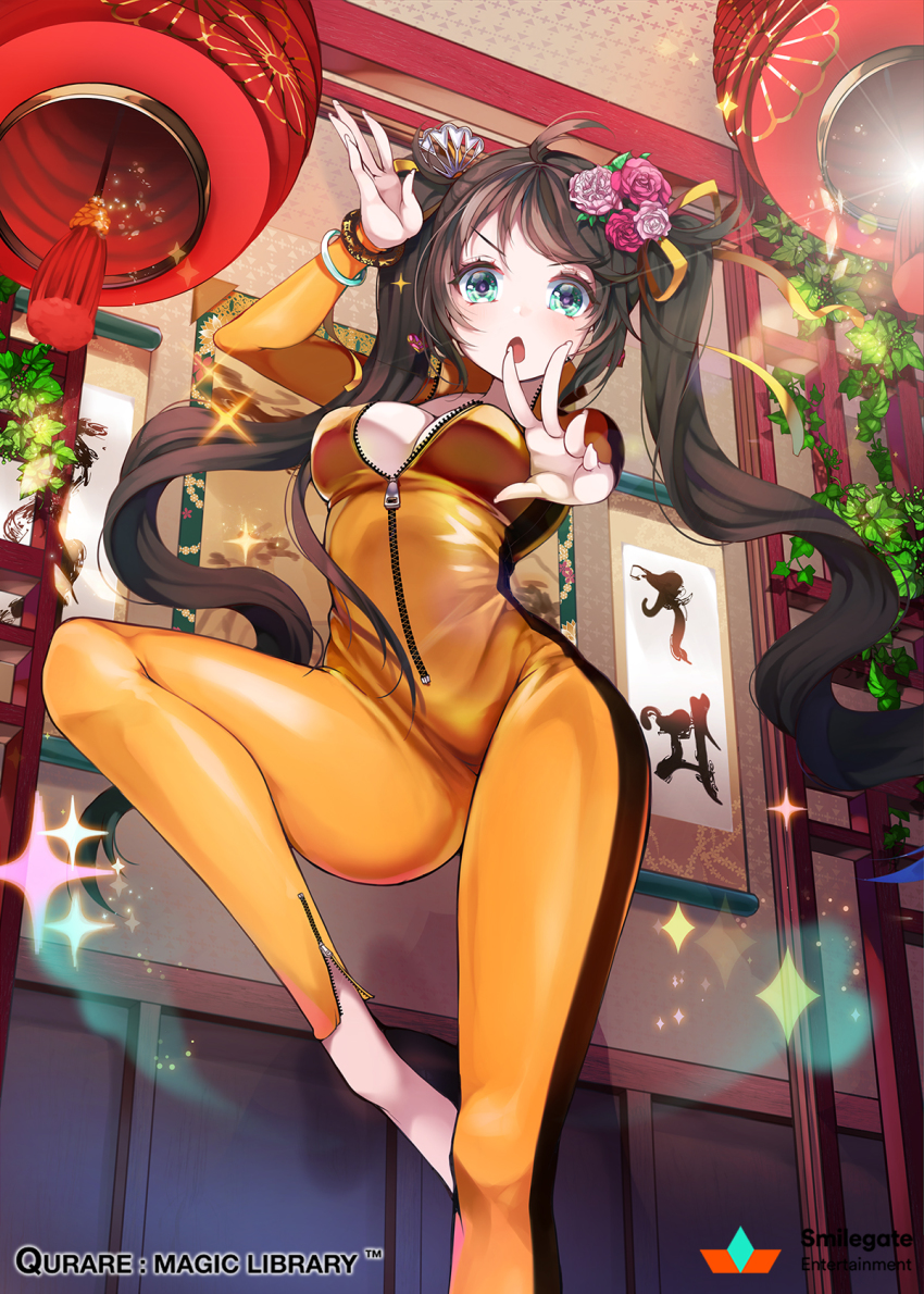 1girl ahoge bodysuit bracelet breast_press breasts brown_hair bruce_lee&#039;s_jumpsuit chinese_lantern cleavage company_name copyright_name cosplay cowboy_shot female_focus fingernails flower hair_flower hair_ornament hair_ribbon hands_up heart heart-shaped_pupils highres indoors jewelry jumpsuit kanola_u leaf leg_up long_fingernails long_hair looking_at_viewer medium_breasts no_bra open_clothes open_mouth orange_jumpsuit plant qurare_magic_library ribbon skin_tight solo sparkle standing standing_on_one_leg symbol-shaped_pupils symmetrical_docking tassel twintails unzipped very_long_hair yellow_bodysuit yellow_ribbon zipper