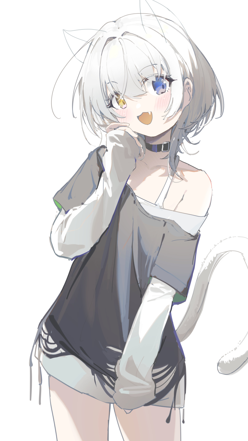 1girl absurdres bang_dream! bang_dream!_it&#039;s_mygo!!!!! black_choker black_shirt blue_eyes blush cat_tail choker coria cowboy_shot drawn_ears hair_between_eyes heterochromia highres kaname_raana kemonomimi_mode layered_sleeves long_sleeves open_mouth raana_the_cat shirt short_hair short_over_long_sleeves short_sleeves simple_background single_off_shoulder solo tail white_background white_hair white_shirt yellow_eyes