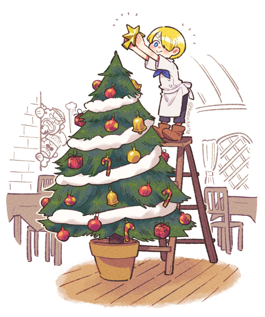 1boy :&gt; aged_down artist_name bell black_pants blonde_hair blue_eyes boots brown_footwear candy candy_cane carne_(one_piece) chair chef christmas christmas_tree christmas_tree_hair_ornament commentary curly_hair curtains food gift hair_ornament highres holding holding_star ladder leaning_forward long_bangs mitsubachi_koucha necktie on_ladder one_piece pants patty_(one_piece) red-leg_zeff sanji_(one_piece) short_hair short_sleeves smile star_(symbol) table