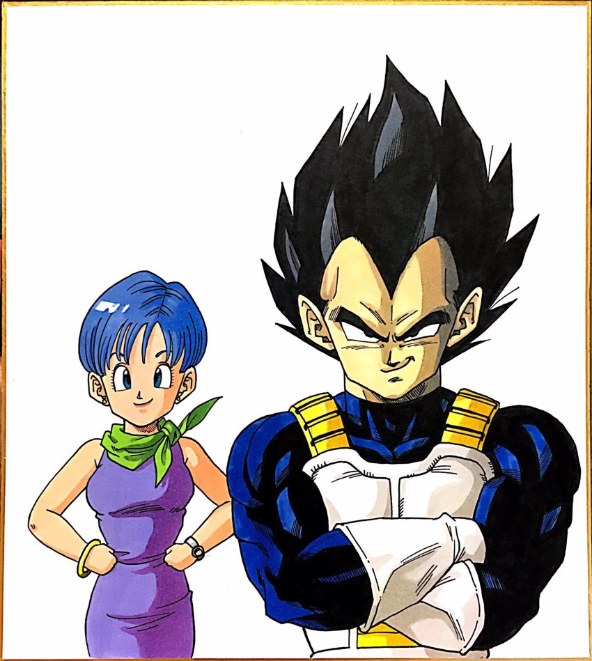 1boy 1girl alternate_hair_color armor black_eyes black_hair blue_eyes blue_hair bulma crossed_arms dragon_ball dragon_ball_super dress earrings gloves hands_on_own_hips highres husband_and_wife jewelry lee_(dragon_garou) marker_(medium) muscular neckerchief purple_dress short_hair smile stud_earrings traditional_media vegeta watch white_gloves wrist_cuffs wristwatch