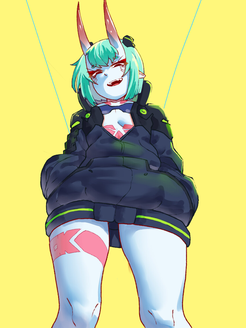 1girl absurdres alternate_hair_color alternate_skin_color aqua_hair black_jacket blue_bra blue_skin bob_cut bra colored_skin commentary cosplay cyberpunk_(series) cyberpunk_edgerunners eyeliner fate/grand_order fate_(series) flat_chest from_below hectaryecgaa highres horns jacket leg_tattoo makeup midriff_peek open_mouth petite pointy_ears rebecca_(cyberpunk) rebecca_(cyberpunk)_(cosplay) red_eyeliner samurai_jacket_(cyberpunk) shuten_douji_(fate) skin-covered_horns smile solo strapless strapless_bra tattoo underwear variant_set yellow_background