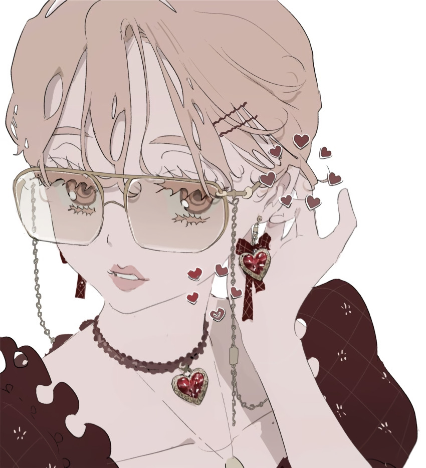 1girl bow bow_earrings brown_eyes brown_hair chain collarbone commentary earrings glasses hair_ornament hairpin heart heart_earrings highres jewelry mole necklace original parted_lips plaid_bow plaid_clothes plaid_sleeves portrait puffy_sleeves solo tinted_eyewear vivinos