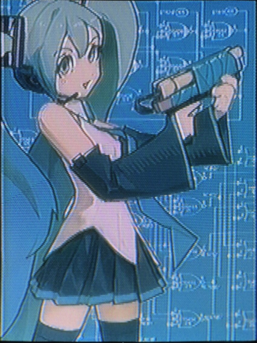 1girl bare_shoulders black_skirt black_sleeves black_thighhighs blue_eyes blue_hair blue_necktie blueprint_(object) blueprint_background crt detached_sleeves duct_tape gun hatsune_miku headset highres holding holding_gun holding_weapon homemade_gun necktie notfuji pleated_skirt scanlines skirt solo tape thighhighs trigger_discipline twintails vocaloid weapon