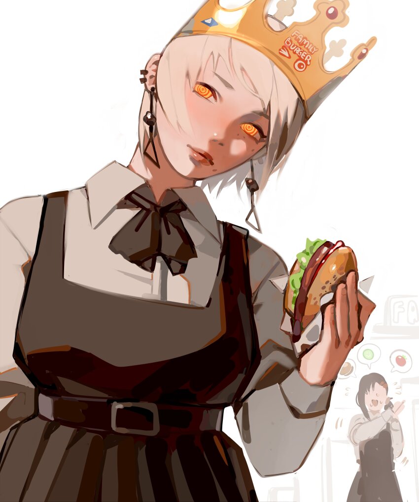 2girls absurdres apron black_apron black_hair burger burger_king chainsaw_man dress ear_piercing earrings fami_(chainsaw_man) family_burger_(chainsaw_man) food fourth_east_high_school_uniform grey_hair hat head_tilt higashiyama_kobeni highres jetblue_racist_burger_king_(meme) jewelry looking_at_viewer maggoo meme military_hat mole mole_under_eye mole_under_mouth multiple_girls multiple_moles piercing pinafore_dress ringed_eyes school_uniform short_hair simple_background sleeveless_dress tassel tassel_earrings white_background yellow_eyes