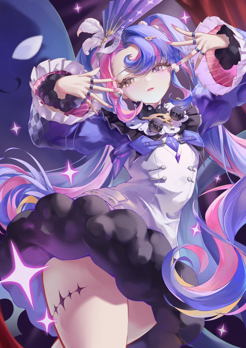 1girl absurdres black_collar chigusa7h collar commentary cowboy_shot dress eye_mask fur-trimmed_dress fur_trim hands_up heterochromia highres key_hair_ornament long_hair looking_at_viewer mask mask_on_head multicolored_hair nail_polish parted_lips pero_(wuthering_waves) pink_eyes pink_hair pink_nails purple_hair purple_shrug roccia_(wuthering_waves) short_dress solo symbol-shaped_pupils tacet_mark_(wuthering_waves) two-tone_hair very_long_hair white_dress wuthering_waves x-shaped_pupils yellow_eyes