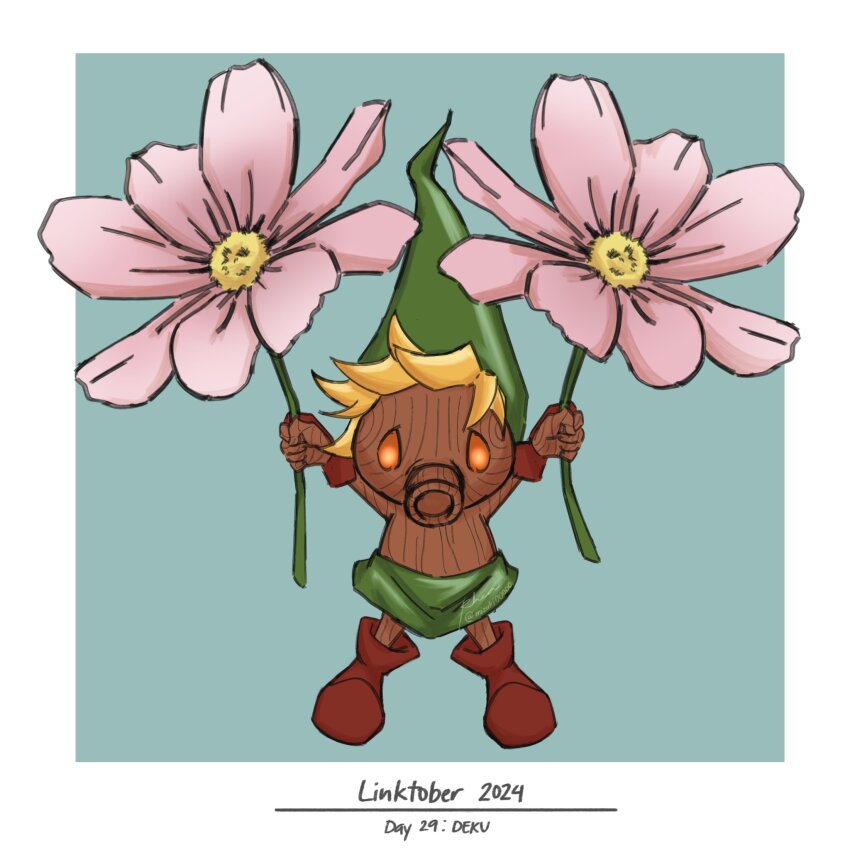 1boy 2024 blonde_hair blue_background boots border deku_link deku_scrub flower full_body gauntlets hat highres link looking_down male_focus nintendo orange_eyes rh_mizuki solo the_legend_of_zelda the_legend_of_zelda:_majora&#039;s_mask white_border