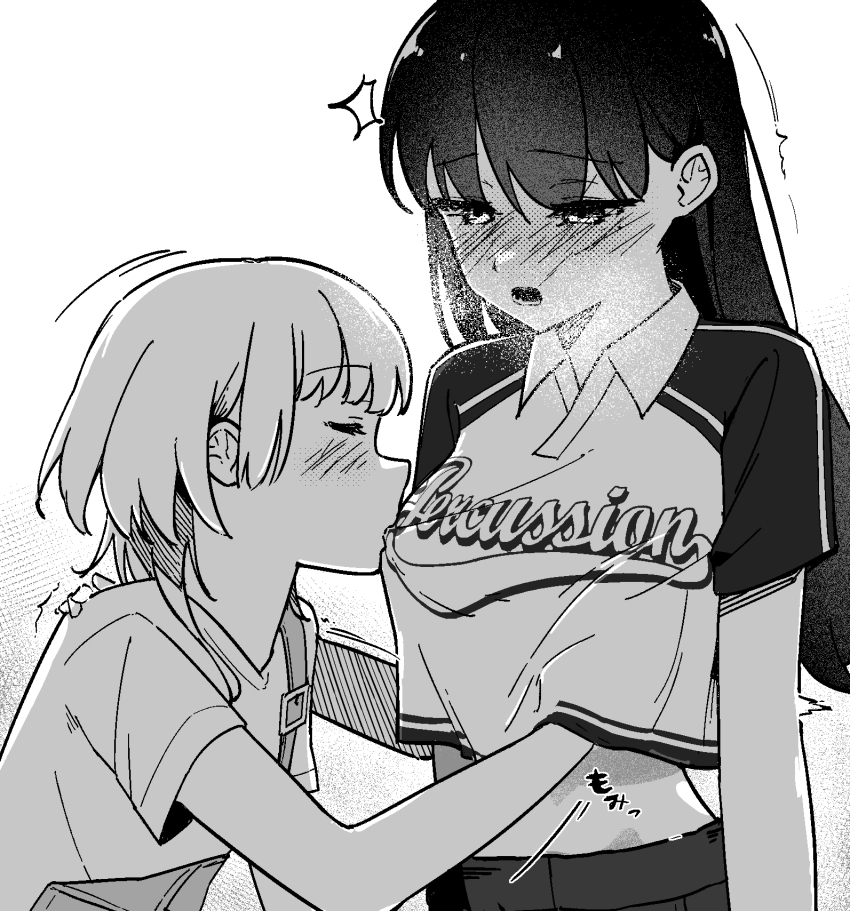 2girls bang_dream! bang_dream!_it&#039;s_mygo!!!!! blush breast_sucking breast_sucking_through_clothes chinese_commentary closed_eyes commentary_request grabbing_another&#039;s_breast greyscale groping hand_on_another&#039;s_shoulder hand_under_clothes hand_under_shirt highres kaname_raana long_hair monochrome multiple_girls nekohige0123 open_mouth shiina_taki shirt short_sleeves wolf_cut yuri