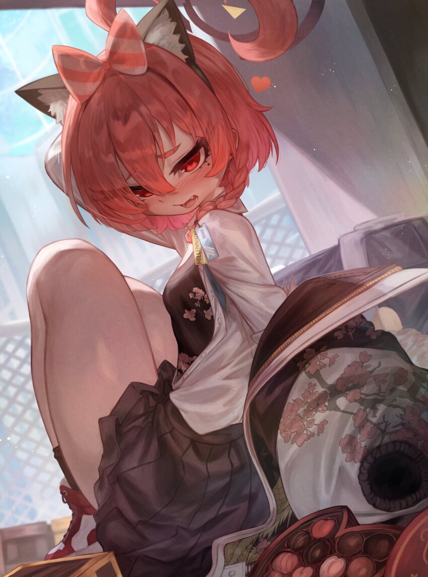 1girl ahoge animal_ears black_halo blue_archive box box_of_chocolates braid cat_ears chocolate floral_print_shirt halo heart-shaped_box highres huge_ahoge jacket loli long_hair m0_chi mole neru_(blue_archive) neru_(school_uniform)_(blue_archive) orange_hair pleated_skirt red_eyes school_uniform shirt shoes single_braid skirt sneakers sukajan unbuttoned unbuttoned_shirt white_shirt