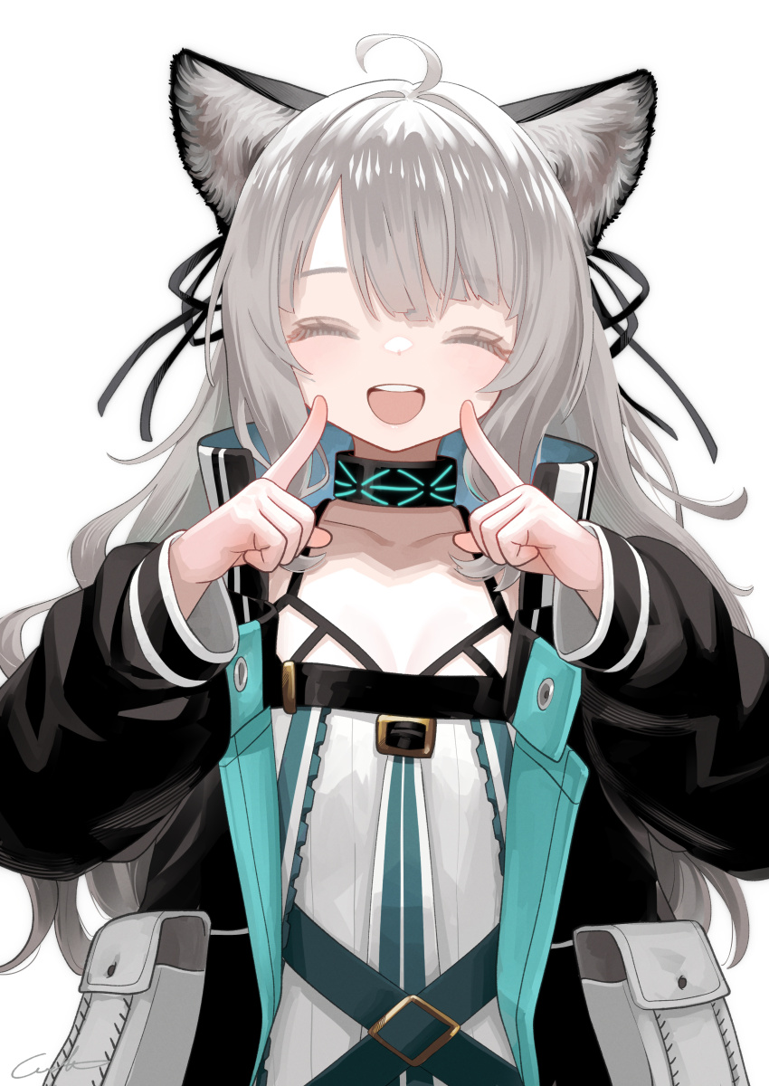 1girl :d ^_^ absurdres ahoge animal_ears arknights black_choker black_jacket black_ribbon breasts cat_ears cat_girl choker closed_eyes collarbone collared_jacket commentary_request dress facing_viewer fingers_to_cheeks grey_hair hair_ribbon happy highres index_finger_raised infection_monitor_(arknights) jacket long_hair long_sleeves mint_(arknights) open_clothes open_jacket open_mouth pouch ribbon signature simple_background small_breasts smile solo standing straight-on swept_bangs teeth upper_body upper_teeth_only welt_(kinsei_koutenkyoku) white_background white_dress