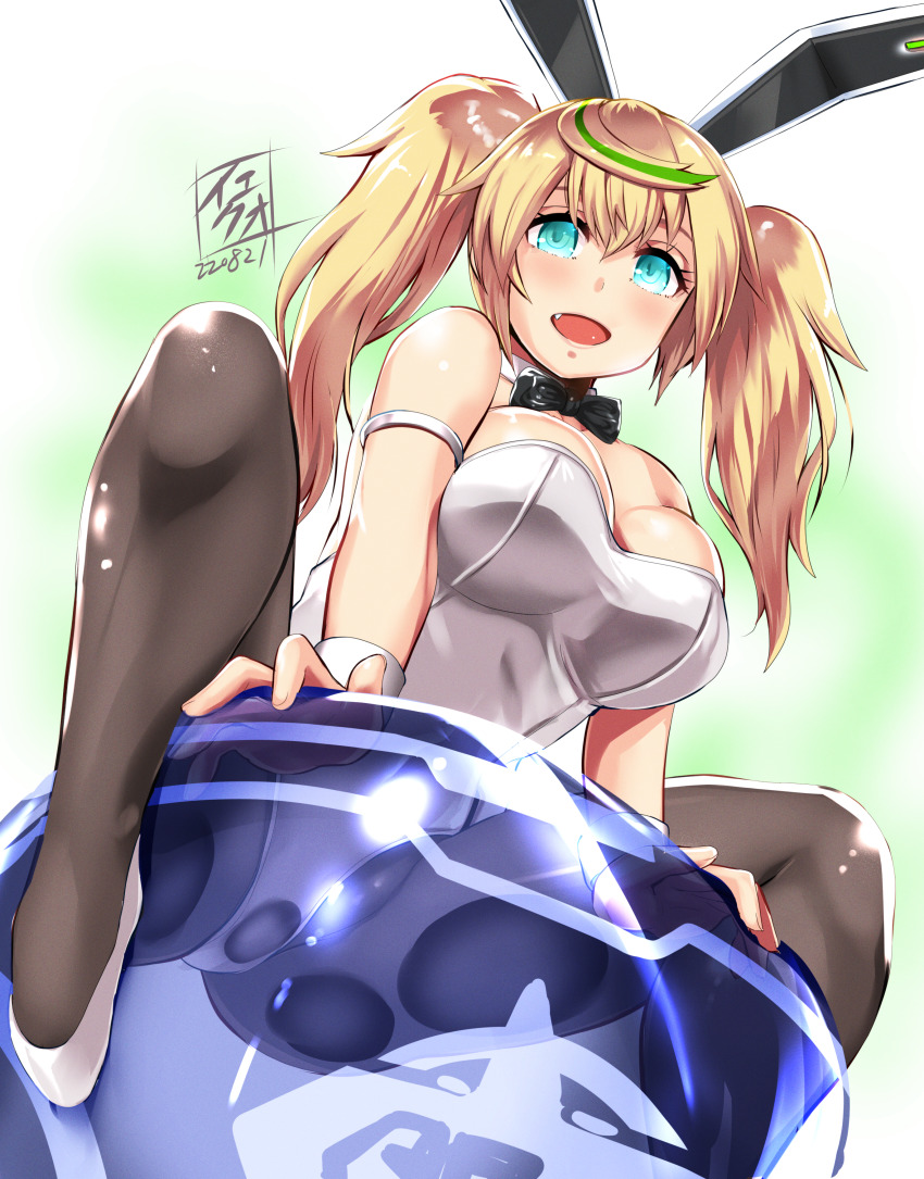 1girl absurdres blonde_hair detached_collar fang gene_(pso2) highres leotard open_mouth pantyhose phantasy_star phantasy_star_online_2 sitting solo tagme twintails