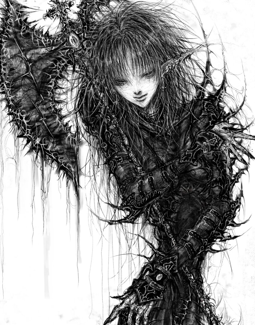 absurdres axe battle_axe goth_fashion greyscale highres hitrisisters lips long_bangs messy_hair monochrome original pointy_ears skinny solo weapon