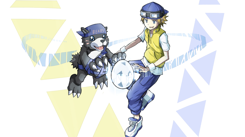 atsushi_(digimon_world_3) bear bearmon blonde_hair blue_eyes digimon digimon_world_3 digitama egg goggles goggles_on_head hat highres smile