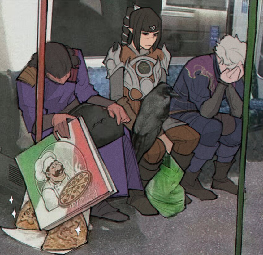 1girl 2boys :| animal animal_on_lap ankle_boots armor astarion baldur&#039;s_gate baldur&#039;s_gate_3 bird bird_on_lap black_eyes black_hair blue_jacket blue_pants blunt_bangs blurry blurry_background boots breastplate brown_footwear brown_hair brown_pants circlet closed_mouth commentary covering_face crow dungeons_&amp;_dragons elbows_on_knees english_commentary food fresh_pizza_girl_meets_raven_girl_(meme) from_side full_body gale_(baldur&#039;s_gate) hands_on_own_face jacket long_hair long_sleeves maf_(velnna) meme multi-tied_hair multiple_boys on_lap pants pauldrons photo_background pizza pizza_box pointy_ears purple_robe robe scar scar_on_face scar_on_nose shadowheart_(baldur&#039;s_gate) short_hair shoulder_armor side-by-side sitting sleeping train_interior unamused white_hair window