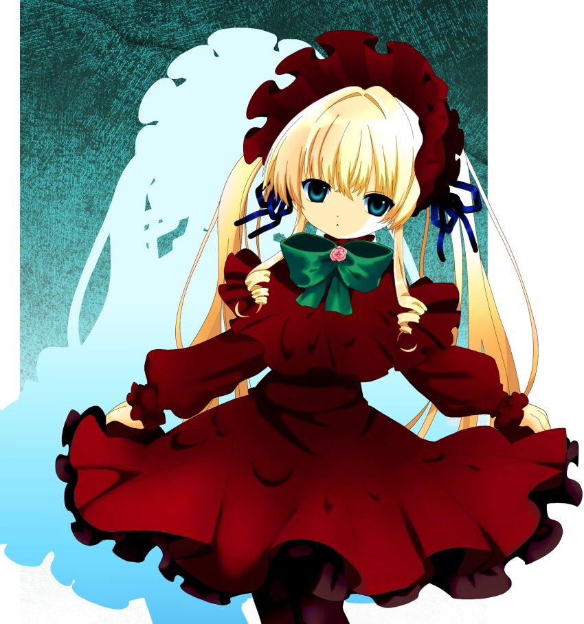 1girl 2000s_(style) bk_(barakoodra) blonde_hair blue_eyes bonnet bow classic_lolita dress flower frilled_dress frills highres lolita_fashion pink_flower pink_rose rose rozen_maiden shinku solo twintails