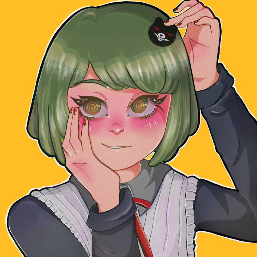 1girl @_@ arm_up bear_hair_ornament black_dress blush child collared_dress danganronpa_(series) danganronpa_another_episode:_ultra_despair_girls dress eyebrows_hidden_by_hair fingernails frilled_dress frills green_eyes green_hair hair_ornament hand_on_own_cheek hand_on_own_face hand_up highres long_eyelashes long_sleeves looking_at_viewer matching_hair/eyes medium_hair nail_polish neck_ribbon neckwear_request palms red_nails red_ribbon ribbon simple_background spiral teeth towa_monaca upper_body upper_teeth_only yellow_background