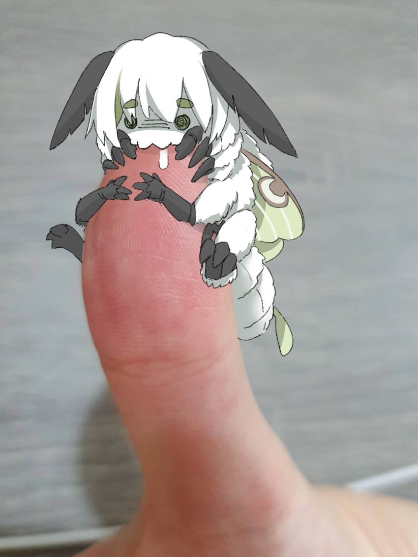1girl 1other @_@ arthropod_girl biting bug commentary d-flag_shelter highres indie_virtual_youtuber insect insect_girl juniper_actias moth moth_girl photo_(medium) thick_eyebrows virtual_youtuber white_hair wings