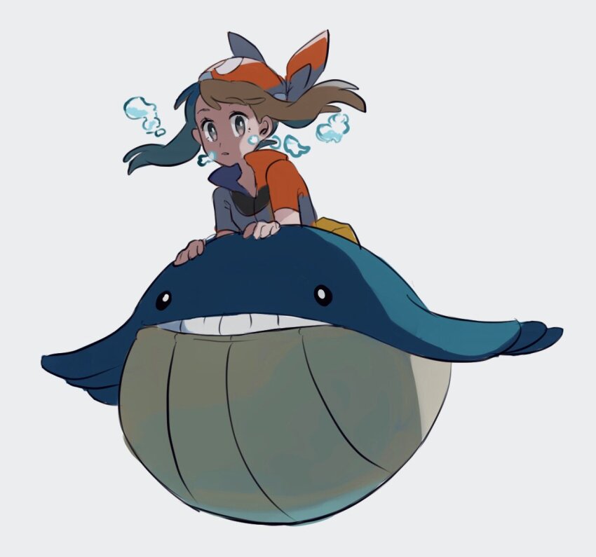 1girl air_bubble bandana brown_hair bubble gen_3_pokemon grey_eyes high_collar long_hair may_(pokemon) nintendo open_mouth pokemon pokemon_(creature) pokemon_rse red_bandana riding riding_pokemon shichibee_(stm_mimi) short_sleeves simple_background wailmer white_background
