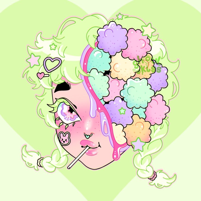 1girl artist_logo blood blush braid candy candy_gore closed_mouth colored_eyelashes commentary english_commentary flower-shaped_pupils food freckles ghoulkiss green_background green_hair gurokawa hair_ornament hair_tie heart heart_hair_ornament hole_in_head logo lollipop lollipop_in_mouth long_hair looking_at_viewer multicolored_eyes original outline pastel_colors piercing pink_blood pink_eyes pink_outline purple_blood purple_eyes septum_piercing solo star_(symbol) star_bit sticker sticker_on_face symbol-shaped_eyes symbol-shaped_pupils twin_braids watermark
