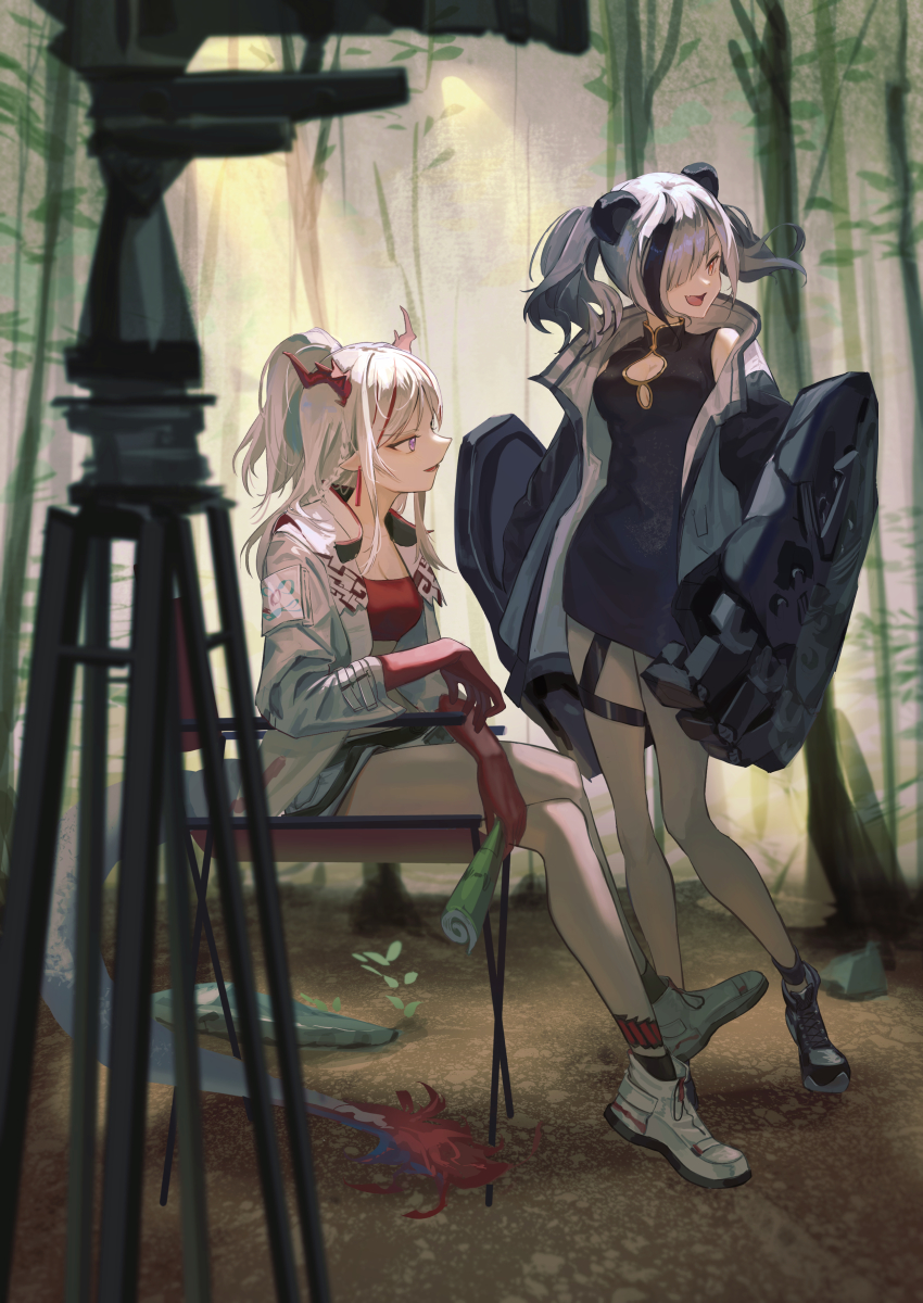 2girls :d absurdres animal_ears arknights bamboo black_footwear black_hair black_ribbon breasts camera cleavage cleavage_cutout clothing_cutout colored_skin commentary dragon_girl dragon_horns dragon_tail dress feater_(arknights) full_body grey_hair grey_jacket hair_over_one_eye highres holding holding_paper horns jacket leg_ribbon long_sleeves mechanical_arms medium_breasts multicolored_hair multiple_girls natsuba002 nian_(arknights) one_eye_covered open_clothes open_jacket open_mouth panda_ears paper pointy_ears ponytail purple_eyes red_eyes red_hair red_skin red_tube_top ribbon shoes sitting sleeveless sleeveless_dress smile standing strapless streaked_hair tail tongue tripod tube_top white_footwear white_hair white_jacket
