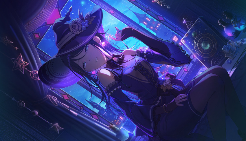 1girl aquarius_(symbol) aries_(constellation) aries_(symbol) arms_at_sides astrological_sun_symbol backlighting bare_shoulders black_gloves black_hair black_pantyhose black_ribbon blue_hat blue_nails blue_skirt blue_sky blue_sleeves blue_theme book book_stand bottle bow bracelet breasts brick_wall building cancer_(symbol) capricorn_(symbol) colorful_palette constellation constellation_print cork cross-laced_clothes curtains darkness detached_sleeves diamond_(gemstone) dot_nose dutch_angle earrings elbow_gloves fantasy feet_out_of_frame fingernails flask flower frilled_sleeves frills gem gemini_(constellation) gemini_(symbol) gloves gold_bracelet green_gemstone grey_eyes half-closed_eyes hand_on_own_leg hand_up hat hat_feather hat_flower head_tilt highres hoshino_ichika_(project_sekai) indoors jewelry knees_together_feet_apart lace-trimmed_sleeves lace_trim leaf_hat leo_(symbol) libra_(constellation) libra_(symbol) light_particles limited_palette long_hair looking_at_viewer magic mars_symbol mercury_symbol mobile moonlight neck_ribbon night night_sky official_alternate_costume official_art on_windowsill pantyhose parted_lips pencil_skirt pisces_(constellation) pisces_(symbol) pleated_sleeves potion project_sekai purple_theme ribbon rose round-bottom_flask sagittarius_(constellation) sagittarius_(symbol) scorpio_(symbol) scorpius_(constellation) sekijitsu_no_read-aloud_(project_sekai) sitting skirt sky small_breasts smirk solo stained_glass star_(sky) star_(symbol) starry_sky straight_hair sun_symbol swept_bangs tassel taurus_(constellation) taurus_(symbol) third-party_source tower town tsurime uranus_symbol venus_symbol virgo_(constellation) virgo_(symbol) waist_bow wavy_hair wide_sleeves window windowsill witch_hat zodiac zodiac_wheel