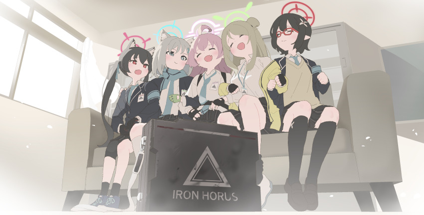 absurdres ayane_(blue_archive) blue_archive closed_eyes couch fuyubone highres hoshino_(blue_archive) nonomi_(blue_archive) on_couch serika_(blue_archive) shiroko_(blue_archive) smile window