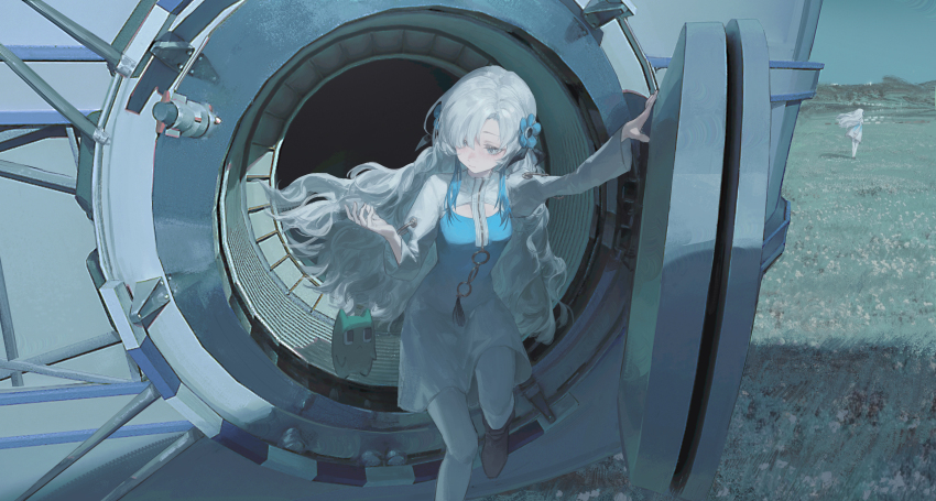 1girl 2girls absurdres anhao1224 blue_dress blue_eyes blue_flower blue_sky dress flower grass hair_flower hair_ornament hair_over_one_eye highres isekaijoucho kamitsubaki_studio long_hair multiple_girls outdoors pantyhose pinafore_dress shirt sky sleeveless sleeveless_dress virtual_youtuber wavy_hair white_hair white_pantyhose white_shirt