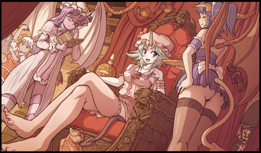 5girls arale_(felarya) ashmet ass barefoot bespectacled blue_hair book cat chalyss_(felarya) closed_eyes cosplay demon_girl demon_tail fang feet flandre_scarlet giant giantess glasses halloween hand_on_own_hip hat highres horns iridan izayoi_sakuya jack-o&#039;-lantern karbo kirisame_marisa legs menyssan multiple_girls no_panties open_mouth patchouli_knowledge purple_eyes remilia_scarlet short_hair single_horn striped_clothes striped_legwear striped_thighhighs tail thighhighs touhou tray wings witch_hat zettai_ryouiki
