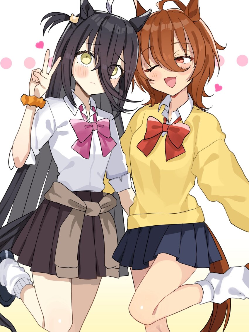 2girls agnes_tachyon_(umamusume) ahoge alternate_hairstyle animal_ears black_hair black_skirt blue_skirt blush bow bowtie breasts brown_hair brown_sweater cat_hair_ornament clothes_around_waist collared_shirt crossed_bangs embarrassed eyes_visible_through_hair flat_chest gyaru hair_between_eyes hair_ornament hand_up highres horse_ears horse_girl horse_tail huge_ahoge leg_up long_bangs long_hair long_hair_between_eyes long_sleeves looking_at_another loose_bowtie loose_socks manhattan_cafe_(umamusume) medium_hair multicolored_hair multiple_girls nochatea one_eye_closed one_side_up open_mouth orange_scrunchie pink_bow pink_bowtie pleated_skirt red_bow red_bowtie red_eyes scrunchie shirt shirt_tucked_in skirt sleeves_rolled_up small_breasts smile socks standing sweater sweater_around_waist tail umamusume v very_long_hair white_hair white_shirt white_socks wolf_cut wrist_scrunchie yellow_eyes yellow_sweater
