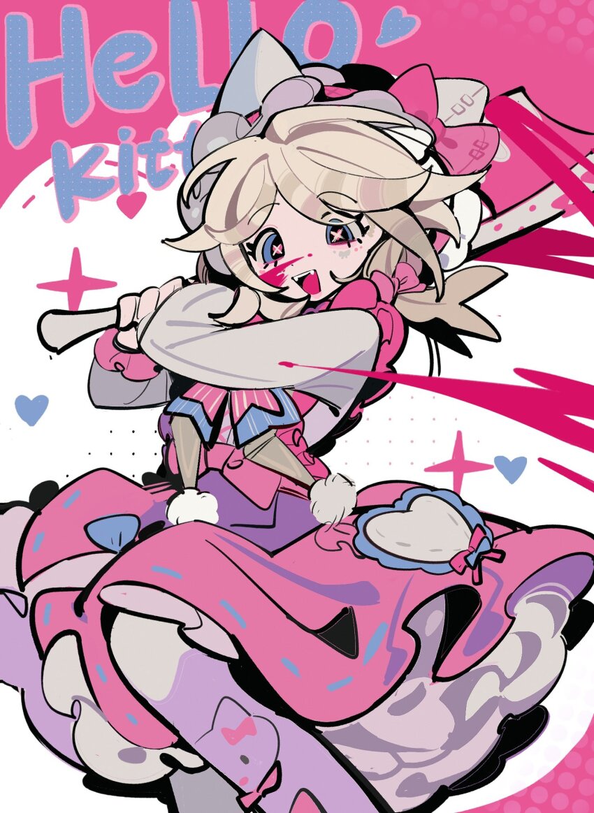 1girl :d animal_ear_hairband animal_ears ankle_bow ankle_ribbon baseball_bat blonde_hair blood blood_on_face blood_splatter blue_eyes bow bow_hairband cat_ears copyright_name dress emma_woods emma_woods_(hello_kitty_dream) fake_animal_ears fangs feet_out_of_frame frilled_dress frills hairband half-closed_eyes halftone hands_up happy hello_kitty highres holding holding_baseball_bat identity_v knee_up layered_dress leg_ribbon long_sleeves looking_ahead official_alternate_costume official_alternate_hair_color oliviawill open_mouth pantyhose pink_background pink_blood pink_bow pink_dress raised_eyebrows ribbon ribbon-trimmed_dress ribbon_trim sanrio smile solo split_mouth standing standing_on_one_leg swept_bangs symbol_in_eye teeth two-handed two-tone_background upper_teeth_only waist_bow white_background white_hairband white_pantyhose white_sleeves