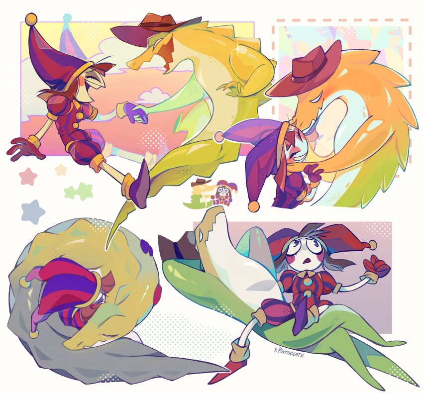 1girl absurdres crocodile_boy crocodilian_tail dentures gummigoo hat hat_bell highres hug jester jester_costume kiss lizardman michiasesino multicolored_hat pomni_(the_amazing_digital_circus) short_hair smile tail the_amazing_digital_circus vertical-striped_bodysuit