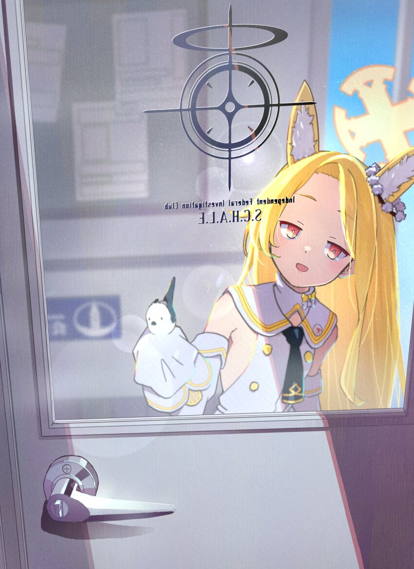 1girl absurdres animal_ear_fluff animal_ears bird black_necktie blonde_hair blue_archive breasts commentary_request cross_halo detached_sleeves door dress fox_ears halo highres long-tailed_tit long_hair looking_at_viewer matsumoto_yutaka necktie open_mouth orange_eyes schale_logo seia_(blue_archive) sleeves_past_wrists small_breasts solo tit_(bird) white_bird white_dress yellow_halo
