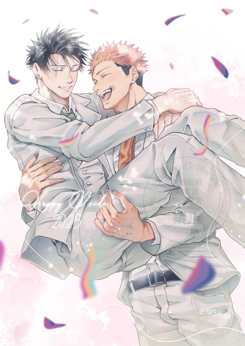 2boys alternate_costume belt bisexual_flag black_belt black_hair carrying closed_eyes commentary couple formal_clothes fushiguro_megumi green_necktie hair_slicked_back happy highres itadori_yuuji jewelry jujutsu_kaisen lgbt_pride long_sleeves male_focus multiple_boys necktie neskuna open_mouth orange_necktie pansexual_flag pants pink_hair pride_month princess_carry ring scar scar_on_face scar_on_forehead scar_on_mouth short_hair simple_background smile suit symbol-only_commentary teeth tongue twitter_username undercut wedding wedding_ring white_background white_pants white_suit yaoi