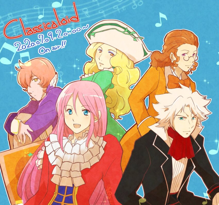 1girl 4boys black_coat blonde_hair blue_background blue_eyes blue_eyeshadow brown_eyes brown_hair classicaloid closed_mouth coat copyright_name dated eyeshadow franz_liszt_(classicaloid) franz_schubert_(classicaloid) frederic_chopin_(classicaloid) green_coat hat jacket kusano_gurima ludwig_van_beethoven_(classicaloid) makeup male_focus multiple_boys musical_note orange_coat pink_hair red_jacket sitting white_hair white_hat wolfgang_amadeus_mozart_(classicaloid)
