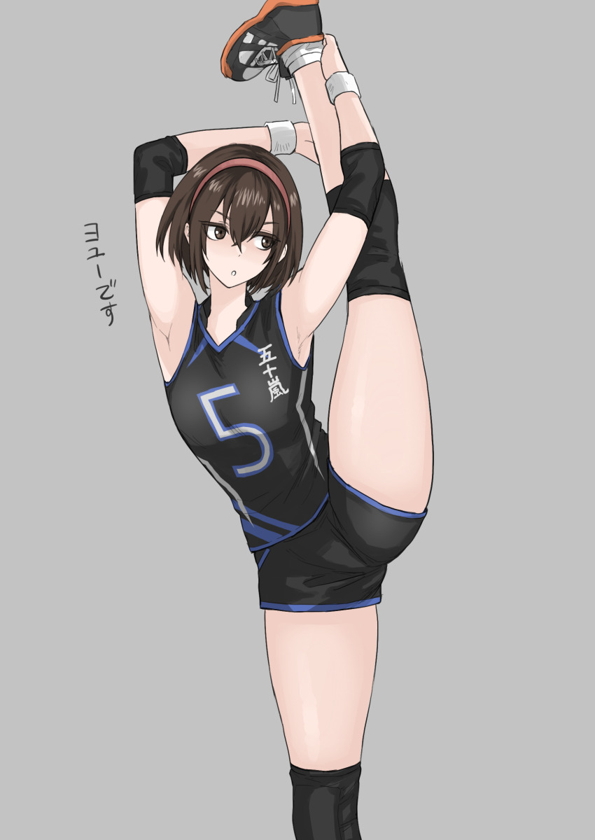 1girl :c absurdres armpits arms_behind_head arms_up black_shirt black_shoes black_shorts bracelet breasts brown_eyes brown_hair dot_nose elbow_sleeve fuku_(fuku12290574) grey_background hairband highres jersey jewelry knee_sleeve looking_to_the_side open_mouth original raised_eyebrows red_hairband shirt shoes short_hair short_shorts shorts simple_background sleeveless sleeveless_shirt small_breasts sneakers socks split sportswear standing standing_on_one_leg standing_split thick_thighs thighs volleyball_uniform white_socks