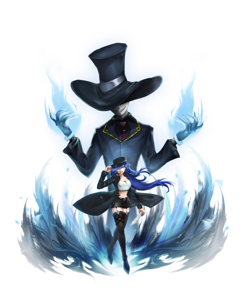 1girl 1other :d absurdres black_coat black_hat black_skirt black_thighhighs blue_eyes blue_hair chain coat commentary crop_top garter_straps grin hat he7_(he7hihi) highres holding holding_knife holding_weapon knife long_hair long_sleeves looking_at_viewer midriff miniskirt navel necktie open_clothes open_coat open_mouth original purple_necktie simple_background skirt smile standing stomach strapless thighhighs thighs top_hat tube_top very_long_hair weapon white_background