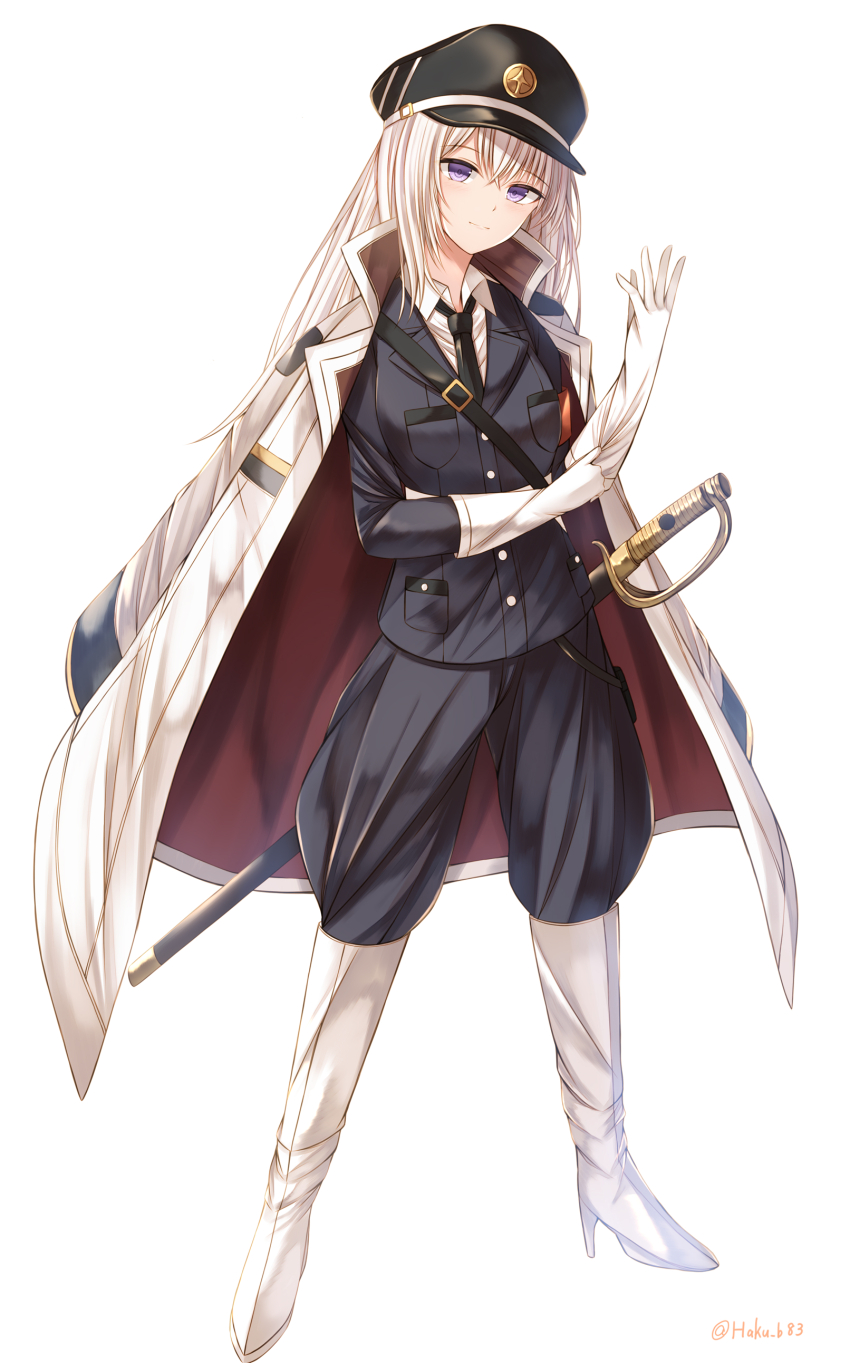 1girl absurdres black_hat black_jacket black_necktie black_pants boots coat coat_on_shoulders collared_shirt full_body gloves hat high_heel_boots high_heels highres jacket kanpyou_(hghgkenfany) knee_boots long_hair long_sleeves looking_at_viewer military_uniform necktie open_clothes open_coat original pants peaked_cap puffy_pants purple_eyes shirt simple_background solo standing sword weapon white_background white_boots white_coat white_gloves white_hair white_shirt