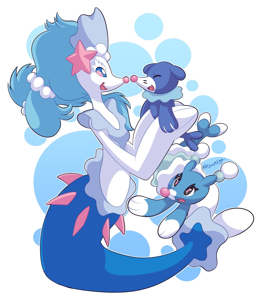 absurdres blue_eyes blue_hair brionne evolutionary_line fang fins fizzydog gem gen_7_pokemon hair_ornament highres long_hair nintendo pearl_(gemstone) pokemon pokemon_(creature) popplio primarina smile starfish_hair_ornament twitter_username