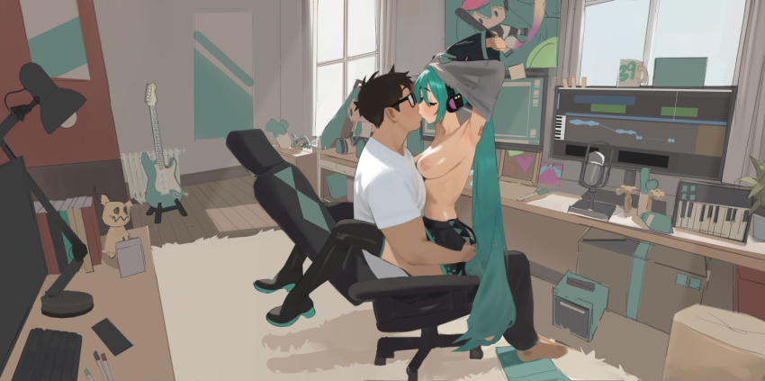 1boy 1girl aqua_hair arm_tattoo arms_up black_boots black_skirt black_sleeves boots box breasts cardboard_box carpet chair closed_eyes commentary desk_lamp detached_sleeves electric_guitar english_commentary gen_7_pokemon glasses guitar hatsune_miku headphones hetero indoors instrument lamp large_breasts long_hair microphone mimikyu monitor nintendo nipples office_chair pleated_skirt pokemon poster_(object) sex shirt short_hair sitting skirt smewed stuffed_toy swivel_chair tattoo thigh_boots topless_female twintails undressing very_long_hair vocaloid white_shirt window