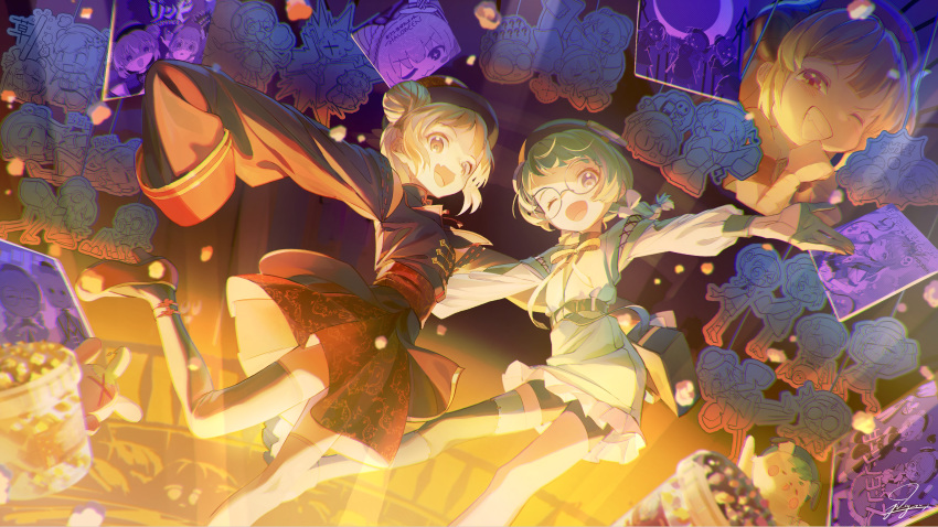 2girls absurdres chinese_clothes double_bun dress glasses green_hair hair_bun halloween_costume hat highres jdge jiangshi long_hair long_sleeves multiple_girls natori_sana natori_sana_(jiangshi) ofuda open_mouth outstretched_arms red_eyes ribbon saeki_yahiro sana_channel short_hair smile virtual_youtuber wide_sleeves