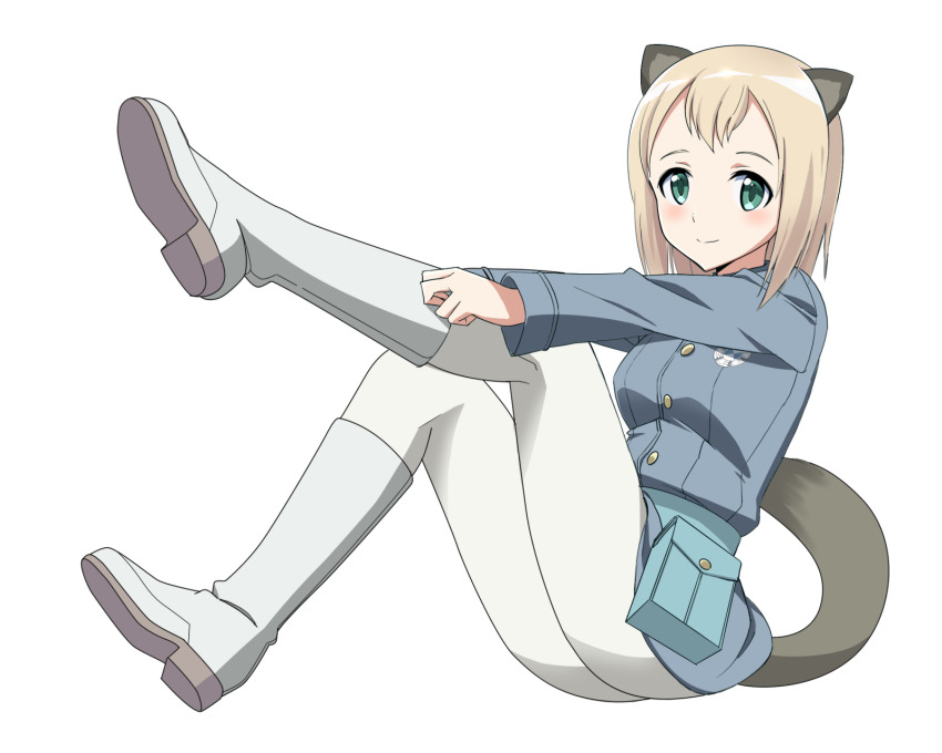 1girl animal_ears anime_coloring birthday blonde_hair blush boots commentary elma_leivonen green_eyes highres kaneko_(novram58) knee_boots light_smile looking_at_viewer looking_to_the_side medium_hair mink_girl pantyhose pouch putting_on_footwear simple_background sitting solo strike_witches:_suomus_misfits_squadron tail uniform white_background white_pantyhose world_witches_series