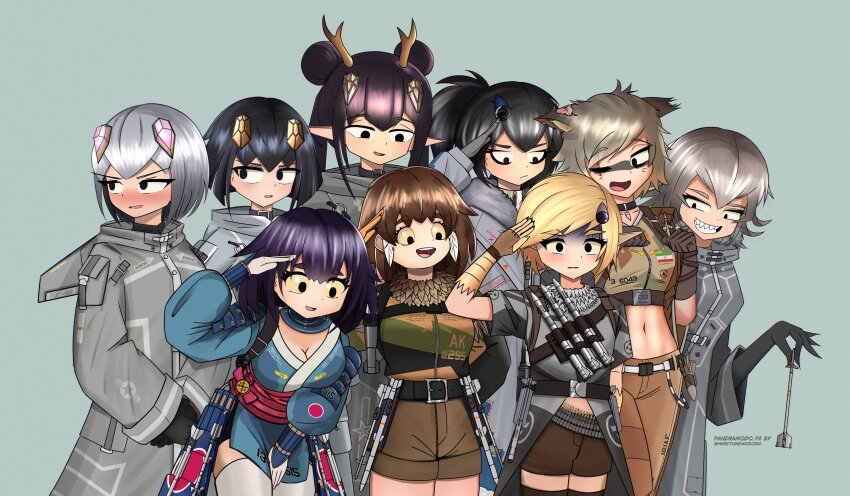 6+girls :d absurdres aircraft animal_ears armor belt black_hair black_thighhighs blonde_hair blue_kimono blush breasts brown_hair camouflage camouflage_jacket capelet cat_ears cleavage coat collar covering_privates denim embarrassed evil_smile feathers fingerless_gloves fingernails full-face_blush gloves green_background grey_capelet grey_coat group_picture hair_ornament hairpin highres hiretune4xsora holding holding_weapon horns iranian_flag jacket japanese_armor japanese_clothes japanese_flag jeans jitome kimono large_breasts light_smile long_hair looking_at_another looking_at_viewer mecha_musume medium_breasts midriff missile multiple_girls notched_ear one_eye_closed open_mouth original pandramodo pants personification pointy_ears puffy_sleeves salute sharp_fingernails sharp_teeth short_hair shorts silver_coat simple_background small_breasts smile teeth thighhighs weapon white_thighhighs yellow_eyes zettai_ryouiki
