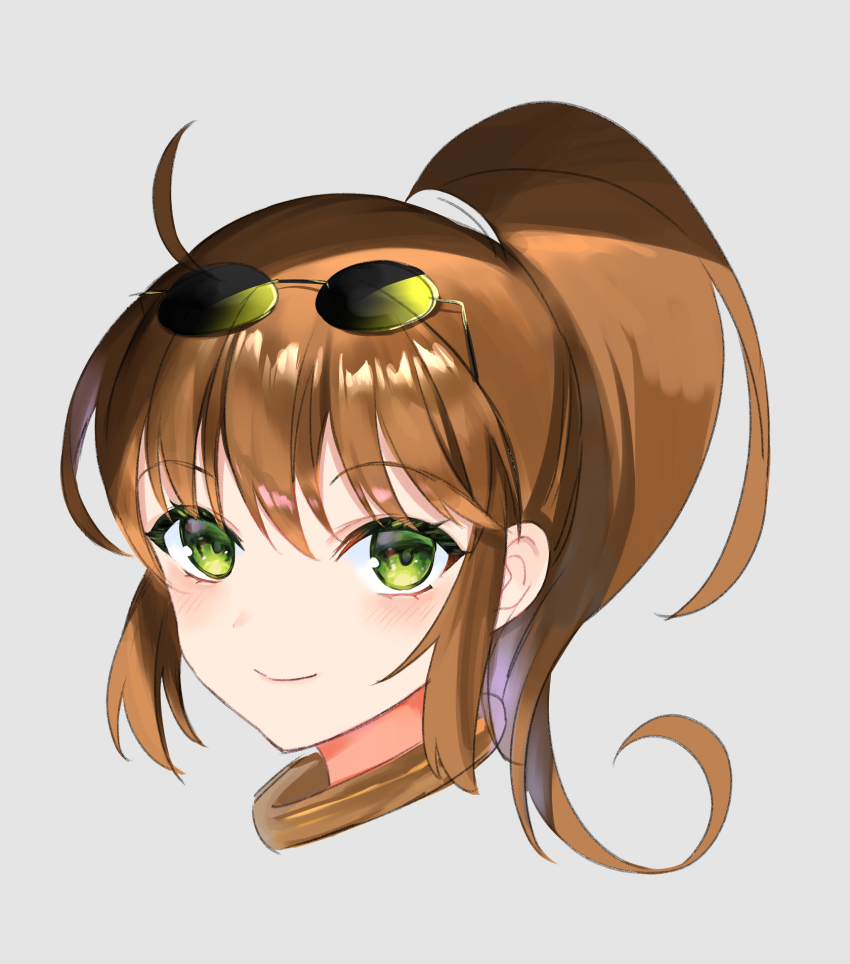1girl blush brown_hair closed_mouth eyewear_on_head green_eyes highres long_hair looking_at_viewer ponytail precis_neumann protected_link simple_background smile solo star_ocean star_ocean_the_second_story white_background ycco_(estrella)