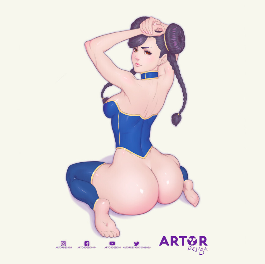 1girl alternate_hairstyle arms_up artist_name artist_request ass back beige_background blush braid breasts brown_eyes brown_hair capcom chun-li detached_sleeves feet full_body huge_ass kneeling large_breasts lips looking_back smile social_media_composition soles street_fighter thighhighs