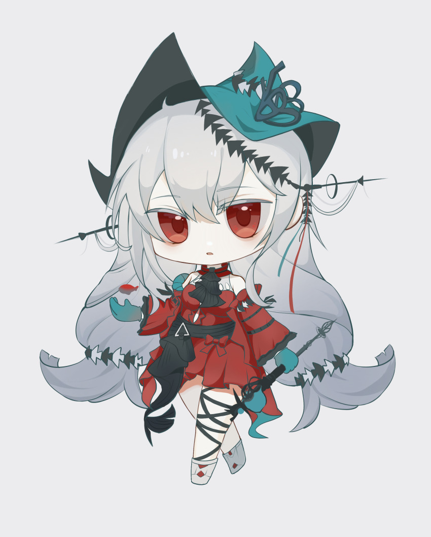 01252574 1girl absurdres aqua_gloves aqua_hat arknights ascot black_ascot chibi chibi_only commentary dress full_body gloves grey_background grey_hair hair_between_eyes hat highres holding long_hair long_sleeves parted_lips red_dress red_eyes simple_background skadi_(arknights) skadi_the_corrupting_heart_(arknights) solo standing symbol-only_commentary very_long_hair