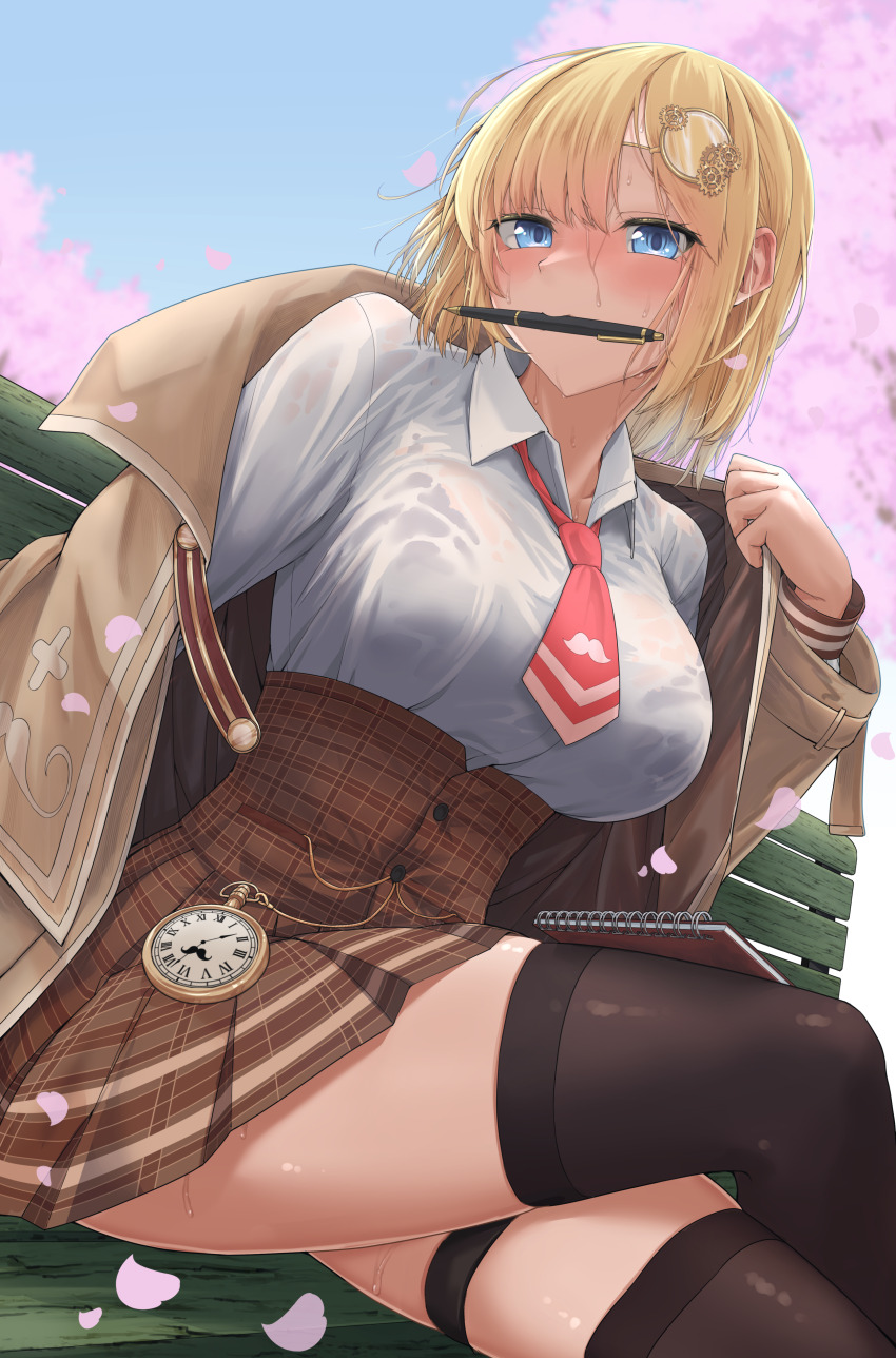 1girl absurdres black_thighhighs blonde_hair blue_eyes blush bra_visible_through_clothes breasts brown_capelet capelet commentary english_commentary hair_ornament highres hololive hololive_english kanji_(white7night) large_breasts long_sleeves looking_at_viewer mouth_hold necktie pen_in_mouth plaid_clothes plaid_skirt pocket_watch red_necktie shirt short_hair skirt solo thigh_strap thighhighs virtual_youtuber watch watson_amelia watson_amelia_(1st_costume) wet wet_clothes wet_hair wet_shirt white_shirt