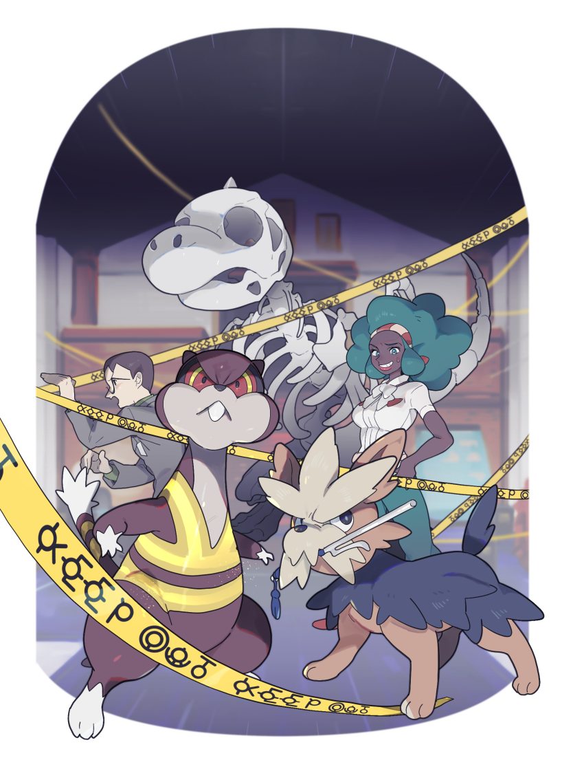 1boy 1girl absurdres big_hair border breasts dark-skinned_female dark_skin gen_5_pokemon green_eyes green_hair green_pants green_shirt grey_jacket grin hand_on_own_hip hawes_(pokemon) herdier highres husband_and_wife indoors jacket lenora_(pokemon) mimura_(nnnnnnnnmoo) mouth_hold museum nintendo pants pokemon pokemon_(creature) pokemon_bw shirt short_sleeves skeleton smile standing sweatdrop teeth watchog white_border white_shirt