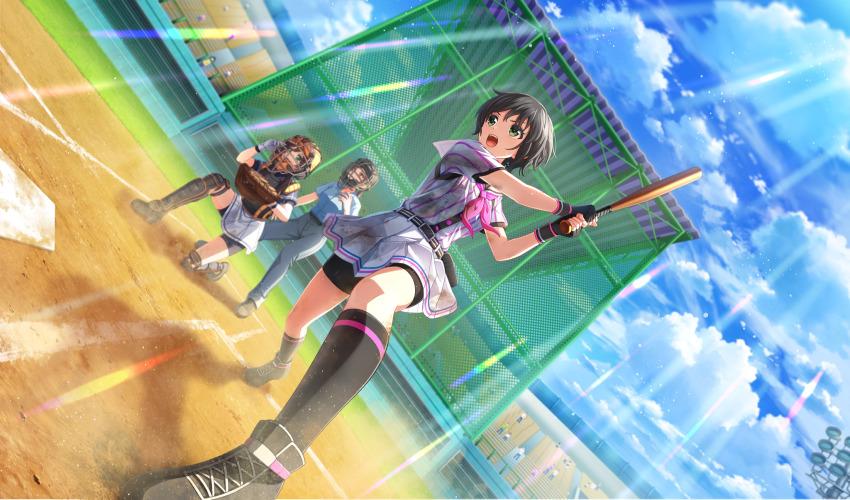 3girls baseball baseball_base baseball_bat baseball_glove baseball_stadium baseball_uniform belt belt_buckle belt_pouch bike_shorts_under_skirt black_belt black_footwear black_gloves black_hair black_pouch black_shorts black_socks black_undershirt blue_shirt buckle catcher&#039;s_mask catcher_(baseball) chest_protector cinderella_series cloud crowd dutch_angle film_grain fingerless_gloves fisheye from_below full_body game_cg gloves green_eyes grey_pants hachigatsu_no_cinderella_nine highres holding holding_baseball_bat kawakita_tomoe light_particles light_rays looking_ahead metal_baseball_bat multiple_girls neckerchief non-web_source official_art on_one_knee open_mouth outdoors pants pink_neckerchief playing_sports pleated_skirt pouch satogahama_baseball_uniform shin_guards shirt shirt_under_shirt short_hair short_sleeves shorts skirt sky socks sportswear standing striped_belt striped_clothes striped_shirt sunbeam sunlight sweat teeth umpire upper_teeth_only v-shaped_eyebrows vertical-striped_clothes vertical-striped_shirt white_gloves wristband