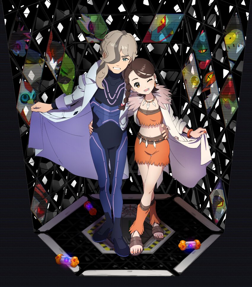 1boy 1girl absurdres arven_(pokemon) blue_eyes bodysuit brown_eyes brown_hair brute_bonnet coat commentary cosplay flutter_mane grey_hair hair_ornament hair_over_one_eye hand_on_another&#039;s_hip highres iron_bundle iron_hands_(pokemon) iron_jugulis iron_moth iron_thorns iron_valiant jewelry juliana_(pokemon) lab_coat long_hair long_sleeves necklace nintendo one_eye_closed open_clothes open_coat open_mouth pokemon pokemon_(creature) pokemon_sv professor_sada professor_sada_(cosplay) professor_turo professor_turo_(cosplay) roaring_moon sandy_shocks scream_tail skirt slither_wing standing tli_eilt_pk